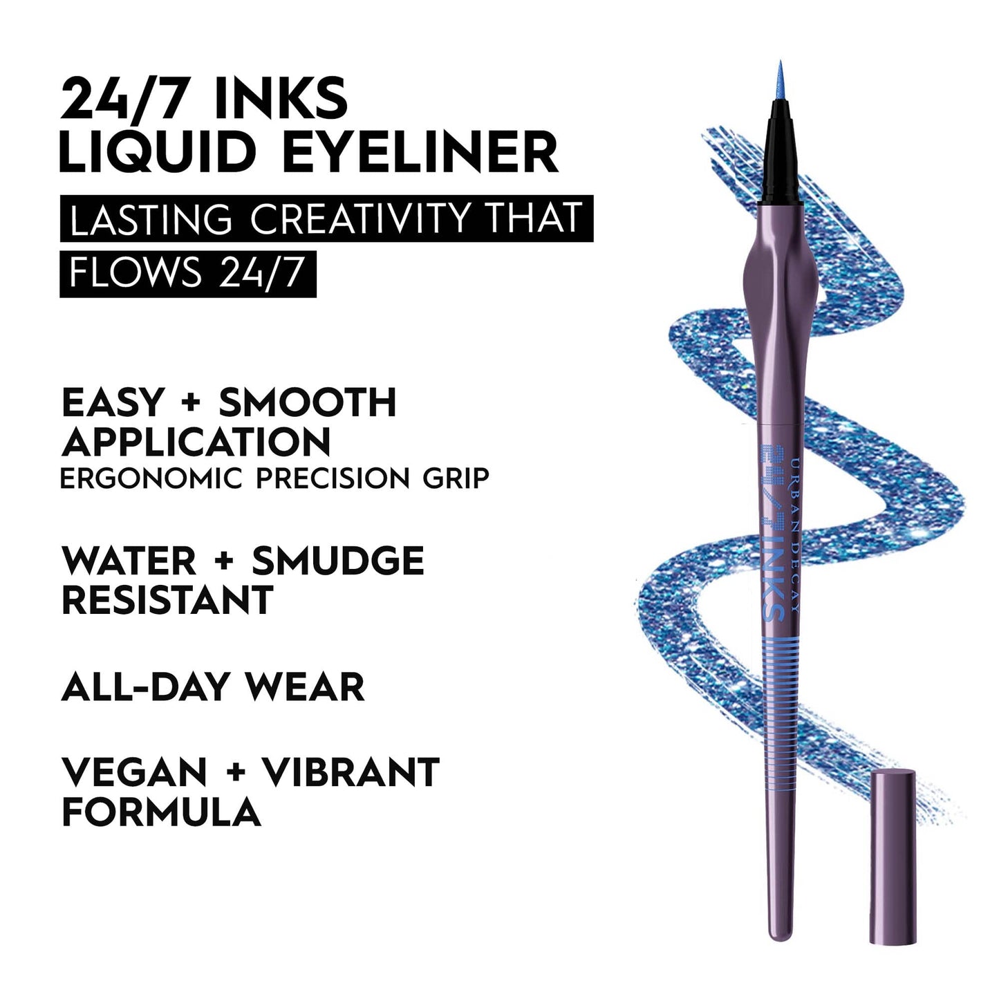 URBAN DECAY 24/7 Inks Liquid Eyeliner Pen (Hi Energy - Blue Shimmer, Brush Tip Eye Liner), Water-Resistant, Smudge-Resistant, Vibrant Colored Liner, Ergonomic Precision Grip, Vegan - 0.01 fl oz