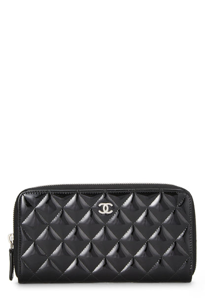 Chanel, portefeuille zippé en cuir verni matelassé noir d'occasion, noir