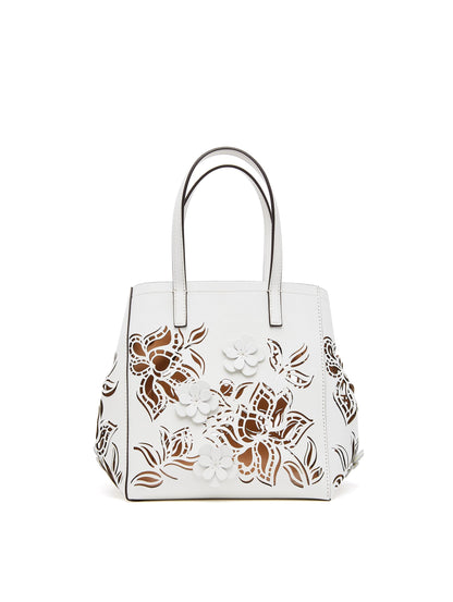 Oscar de la Renta, Small Laser Cut Floral Square Tote, Ivory