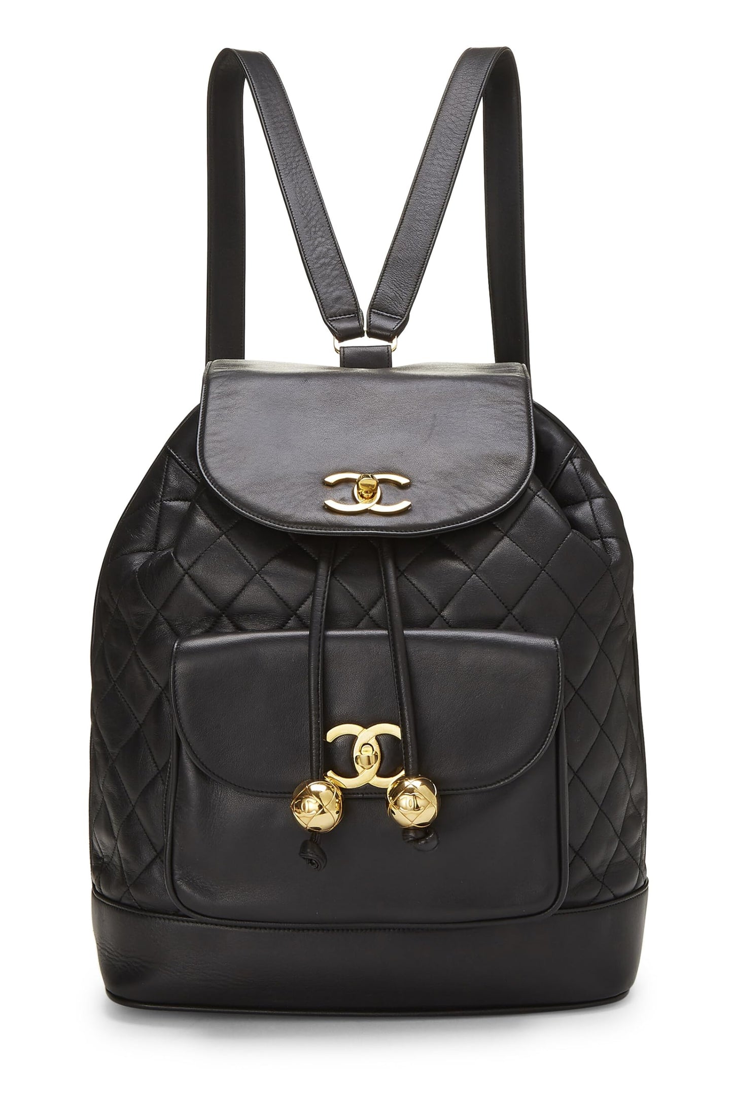 Chanel, sac à dos matelassé en cuir d'agneau noir d'occasion, grand modèle, noir