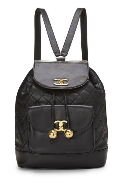 Chanel, sac à dos matelassé en cuir d'agneau noir d'occasion, grand modèle, noir