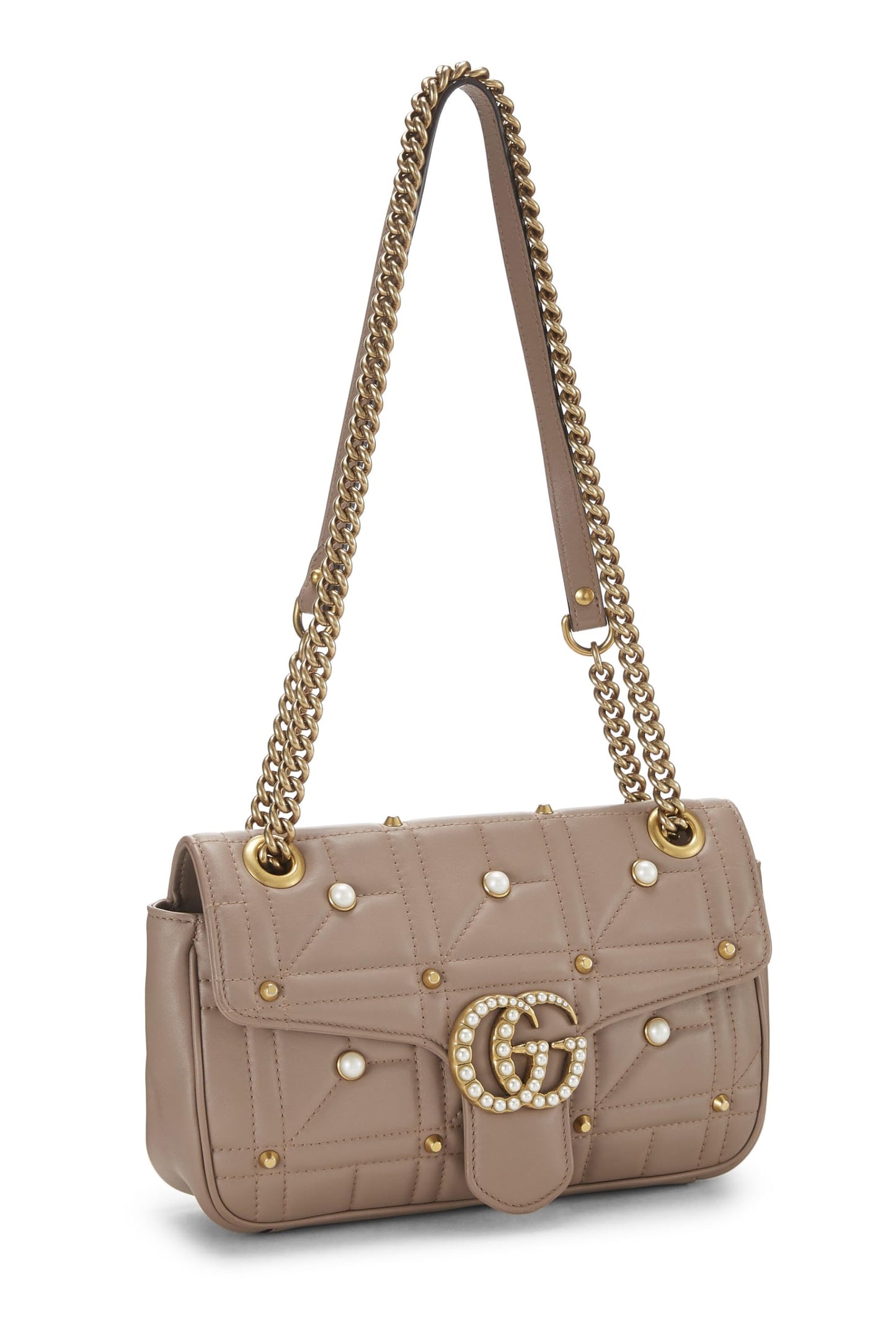 Gucci, Bolso de hombro pequeño GG Marmont de cuero rosa y perlas de imitación Pre-Loved, Beige