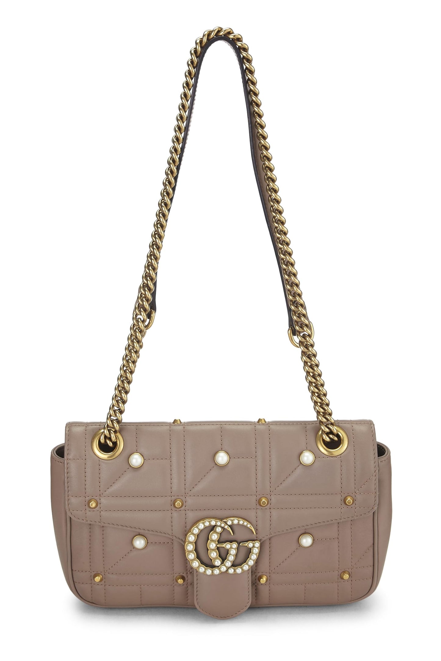 Gucci, Bolso de hombro pequeño GG Marmont de cuero rosa y perlas de imitación Pre-Loved, Beige