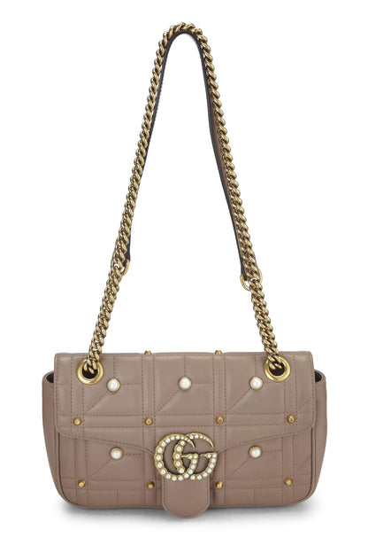 Gucci, sac à bandoulière GG Marmont en cuir rose et fausses perles, petit modèle, beige