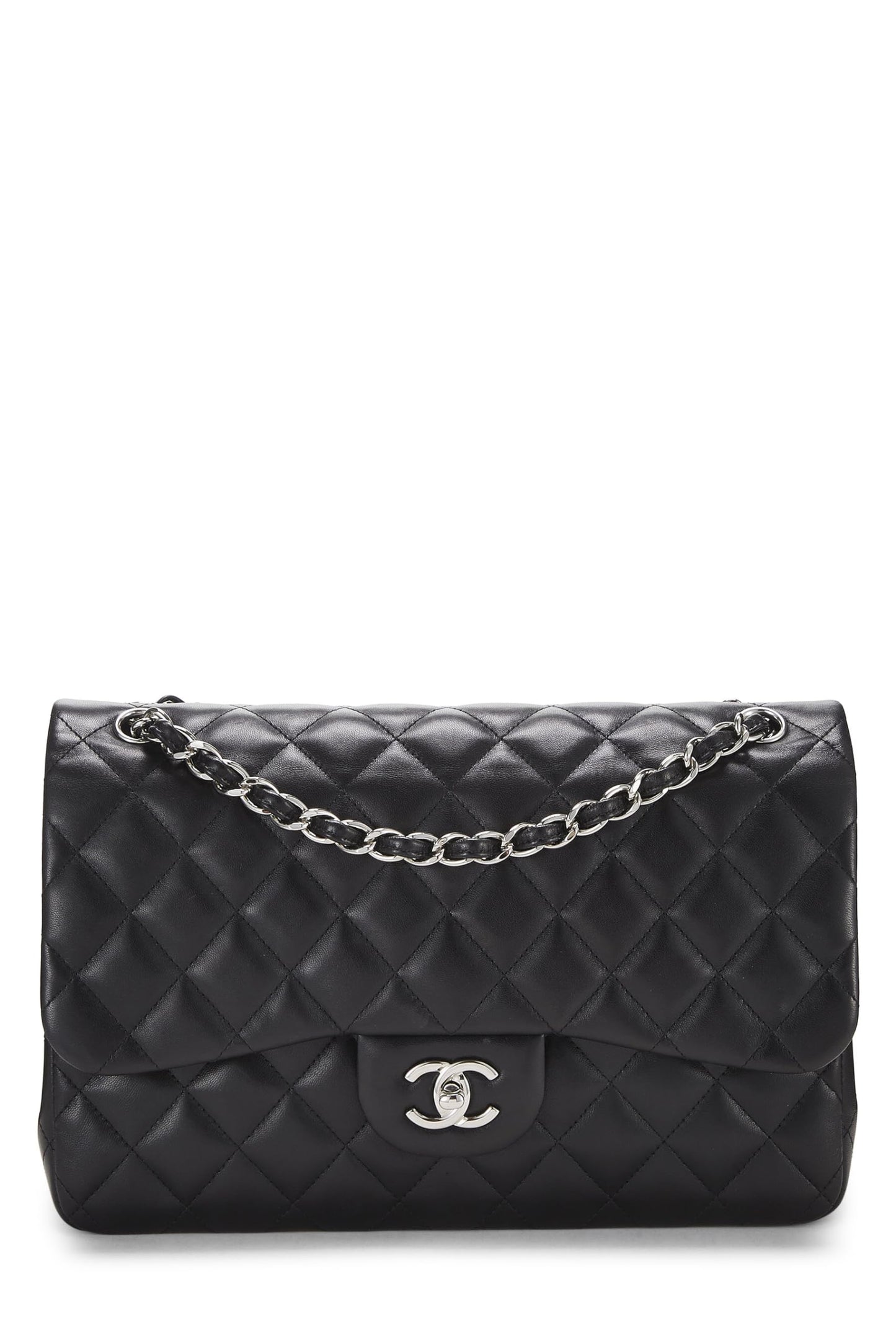 Chanel, Piel de cordero acolchada negra Pre-Loved New Classic Jumbo con doble solapa, Negro