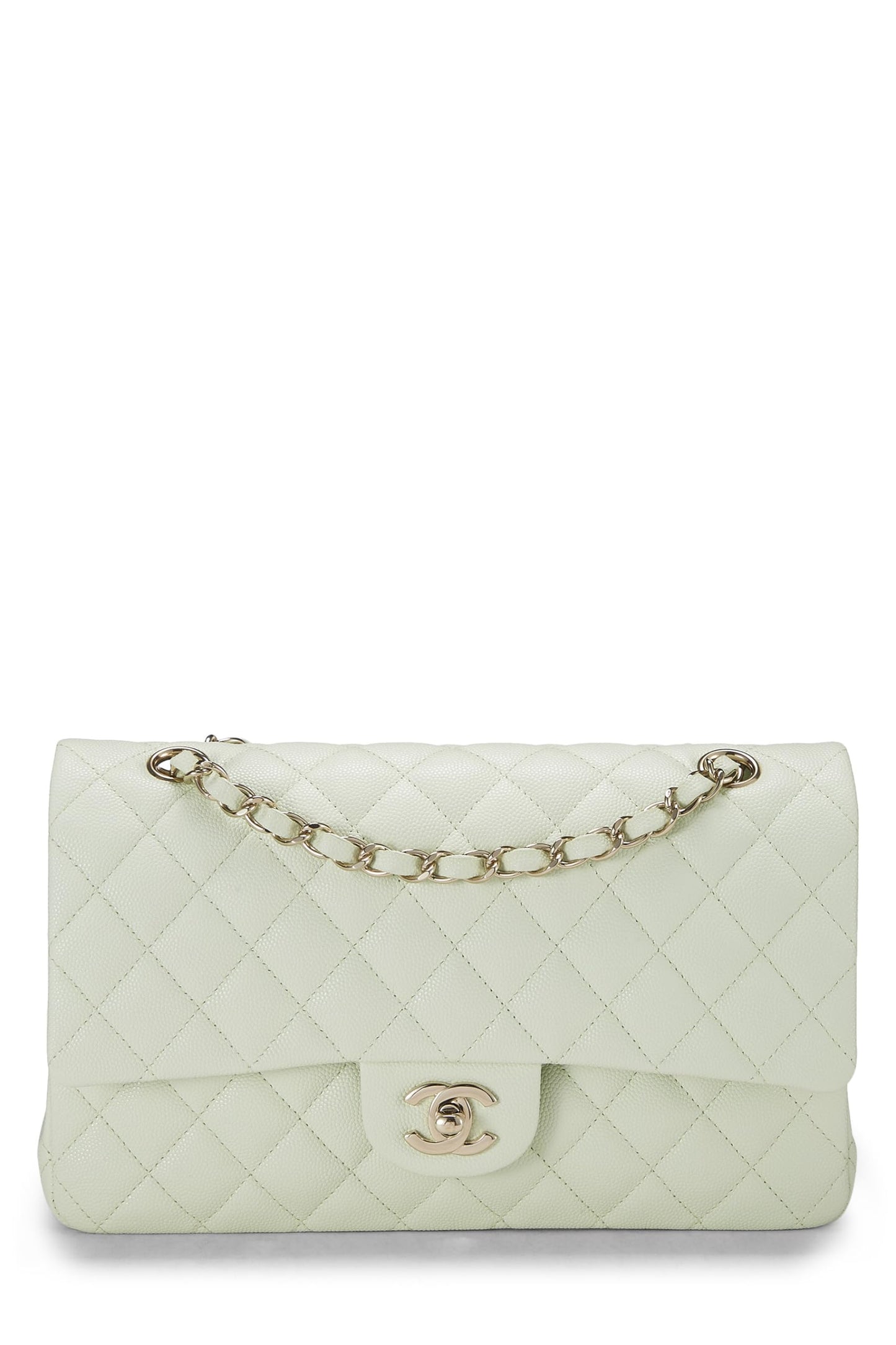 Chanel, sac à main matelassé vert caviar classique à double rabat de taille moyenne, vert