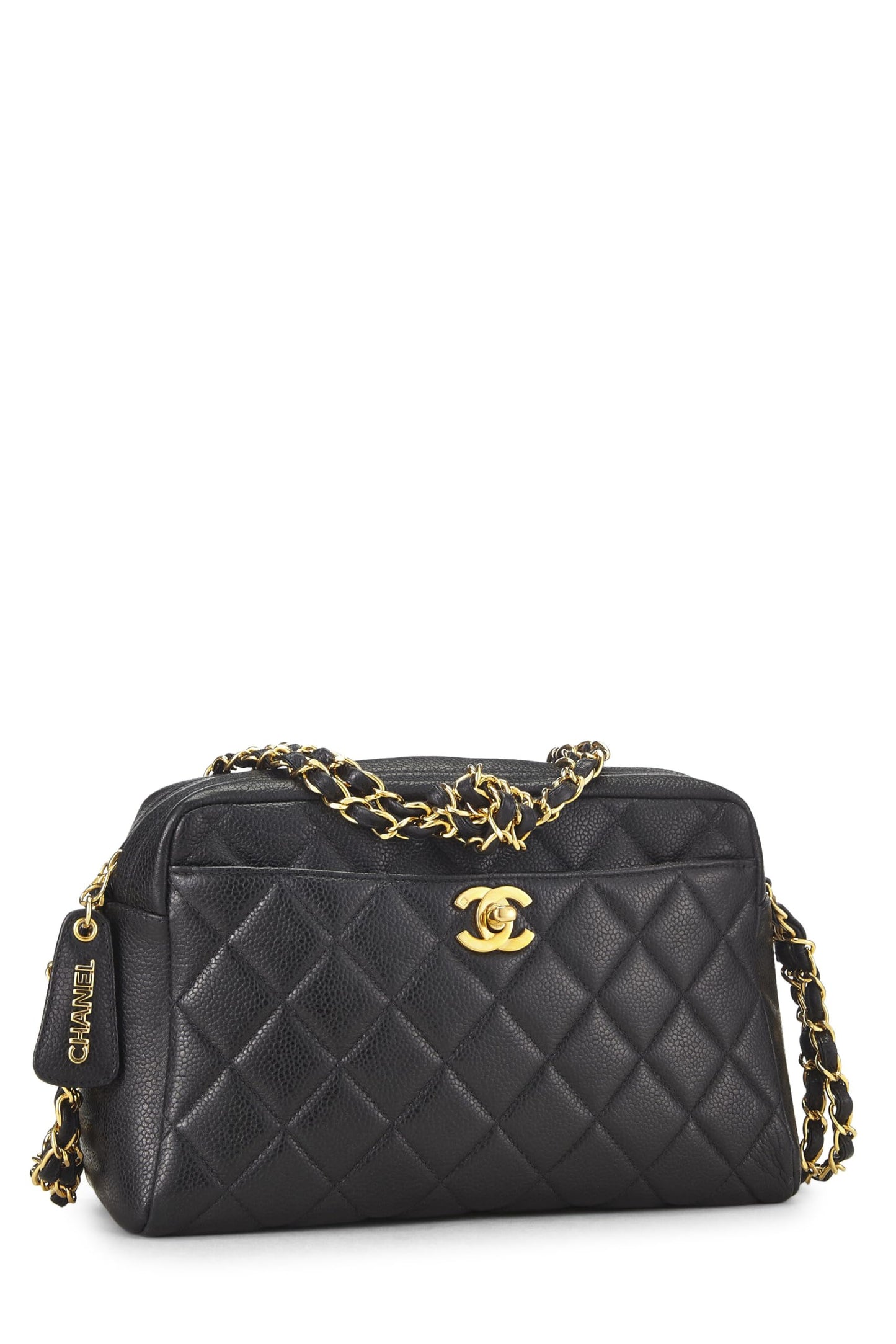 Chanel, Bolso para cámara con bolsillo de caviar acolchado negro Pre-Loved, mediano, Negro