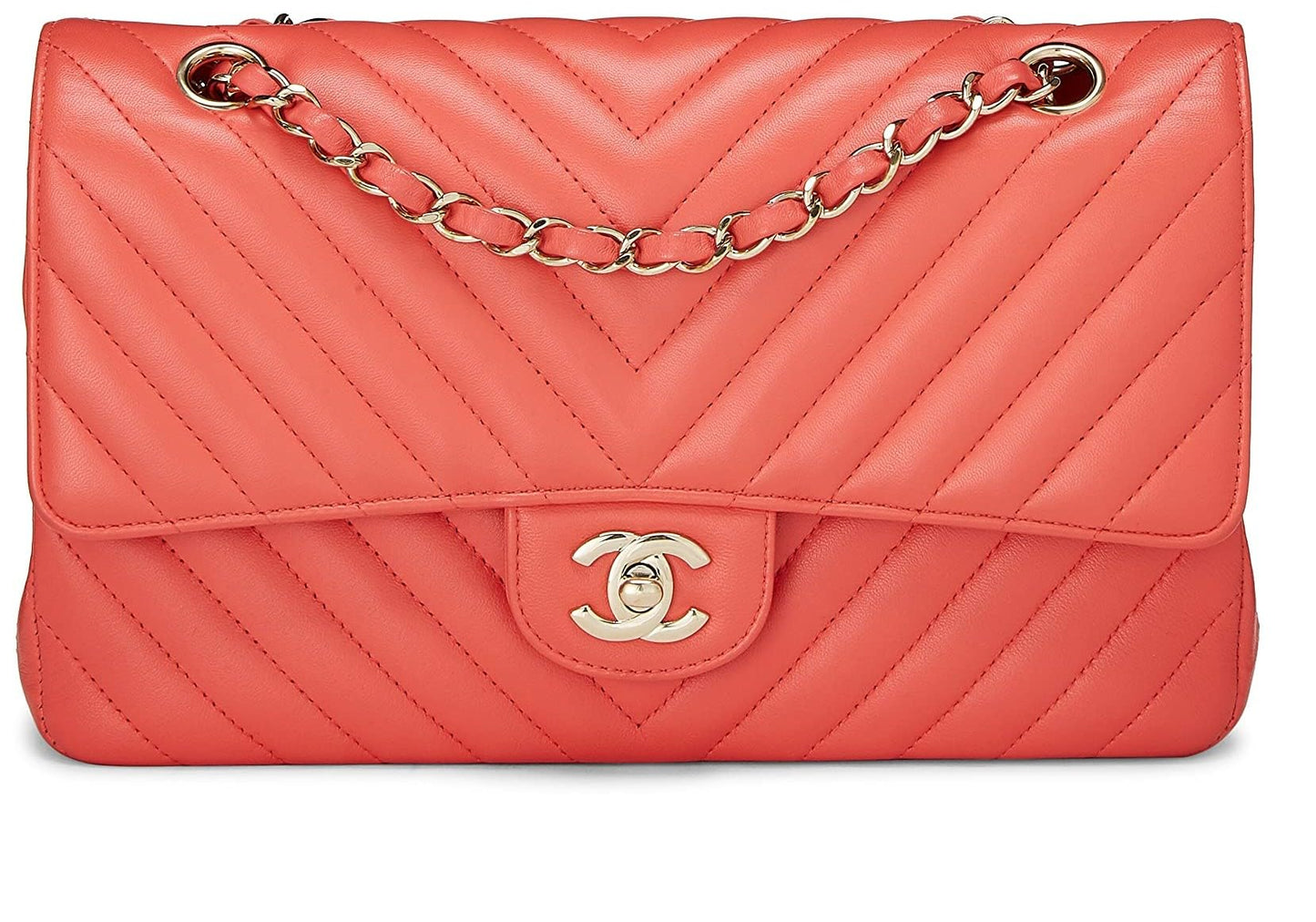 Chanel, sac à main classique à double rabat en cuir d'agneau à chevrons rose d'occasion, taille M, rose