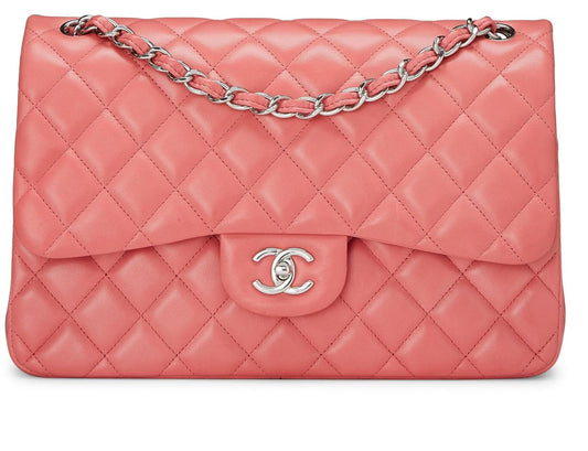 Chanel, Pre-Loved Pink Quilted Lambskin New Classic Double Flap Jumbo, Pink