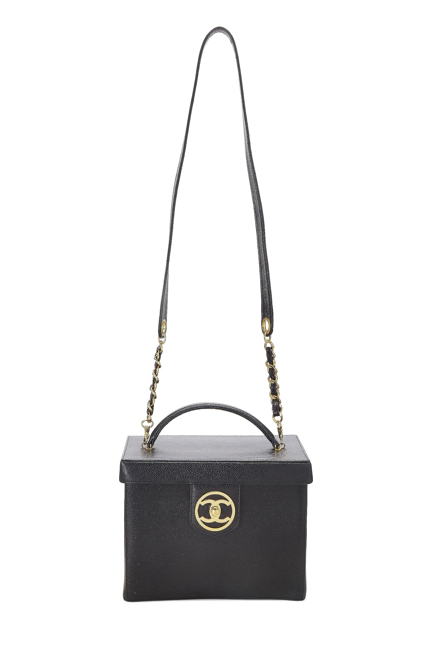 Chanel, trousse de toilette Black Caviar Circle 'CC' d'occasion, grande taille, noire