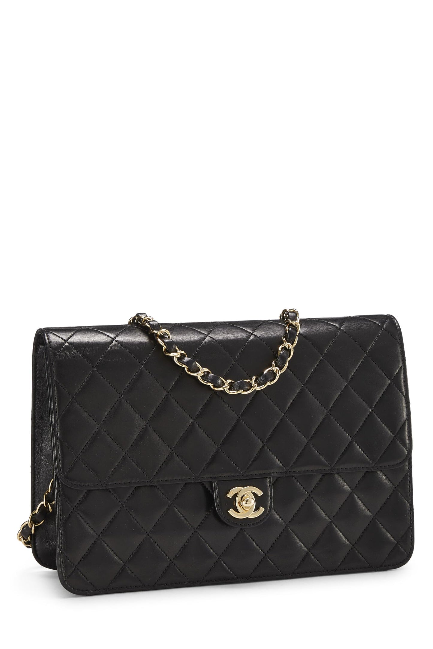 Chanel, sac à rabat en cuir d'agneau matelassé noir d'occasion, taille M, noir