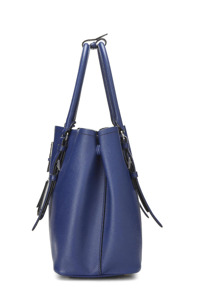 Prada, sac fourre-tout double moyen en cuir Saffiano bleu d'occasion, bleu