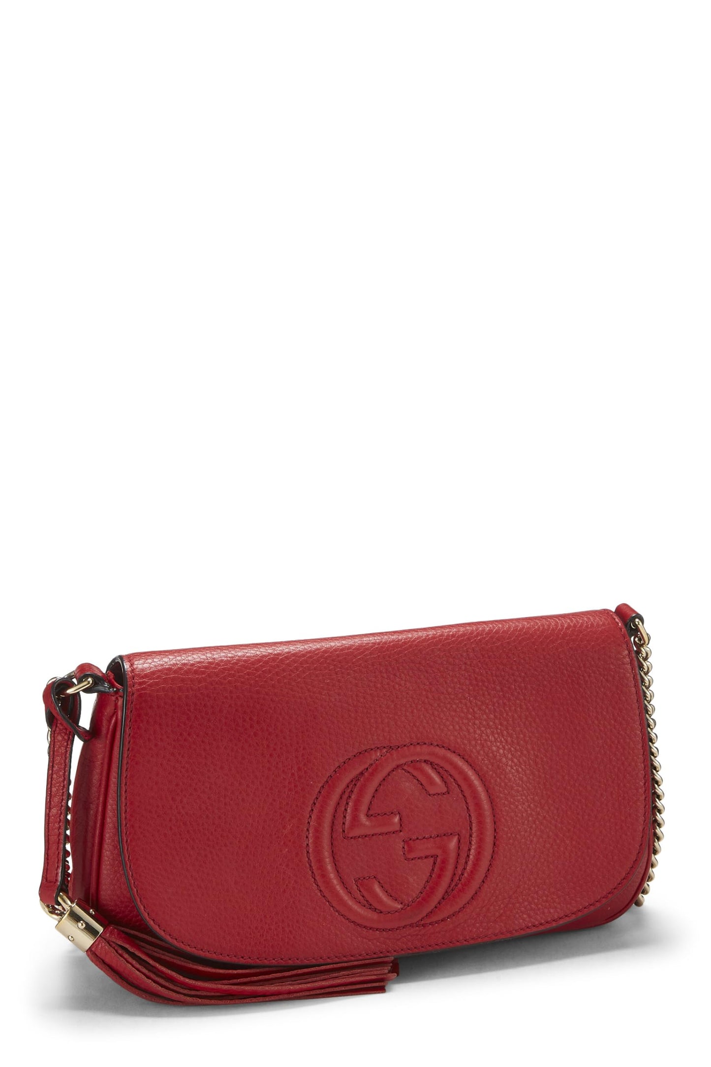 Gucci, sac à bandoulière à rabat avec chaîne Soho en cuir grainé rouge d'occasion, rouge