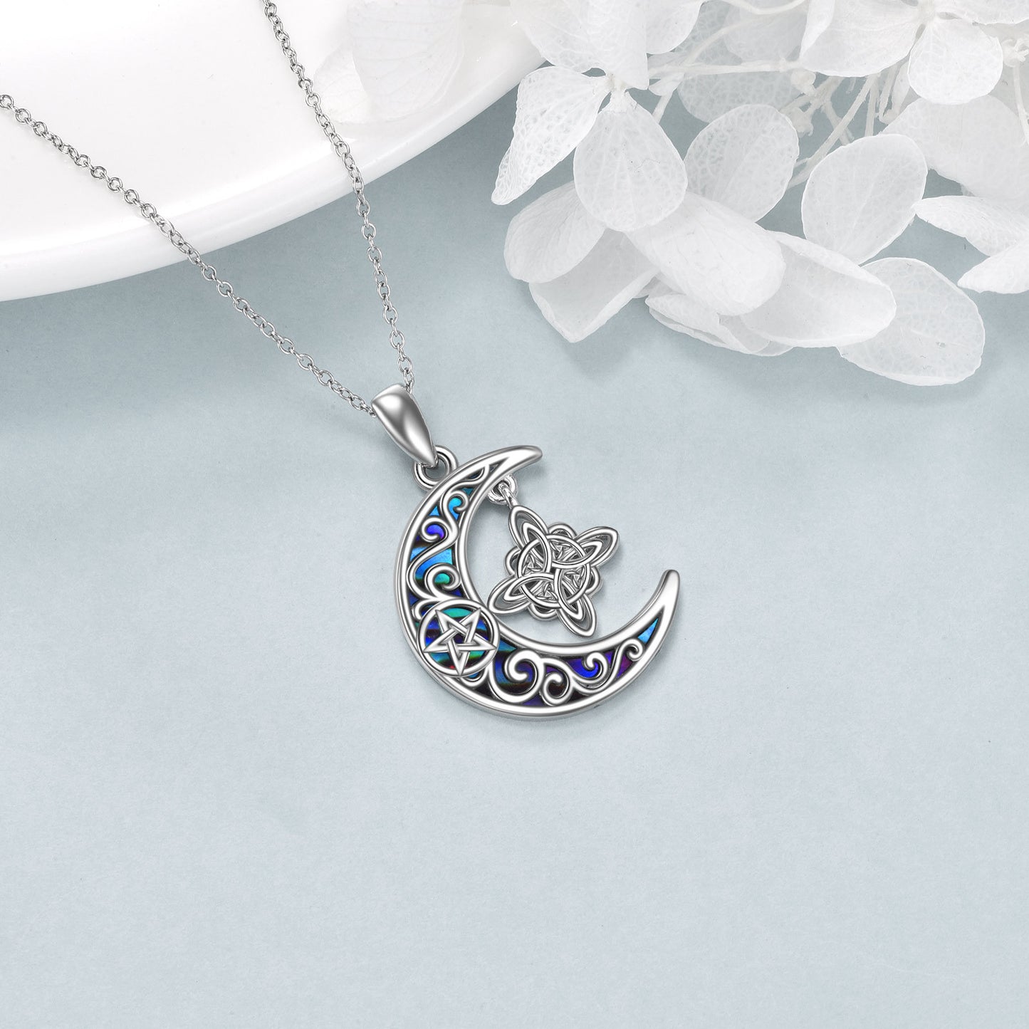 Collier avec pendentif en forme de nœud de sorcière en argent sterling, collier avec pendentif en forme de croissant celtique, coquillage d'ormeau, bijoux païens