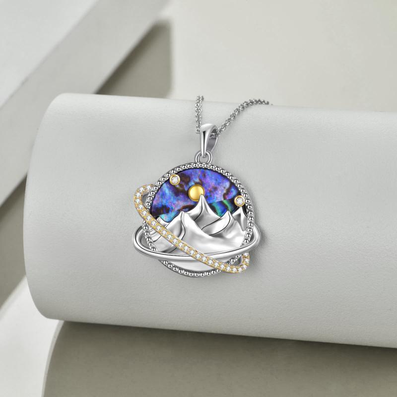 Sterling Silver Universe Planet Sun Moutain Pendant Necklace Abalone Shell Cubic Zirconia Jewelry