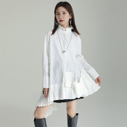 Long Sleeve Stand Collar Hem Pleated Irregular Shirt Dress