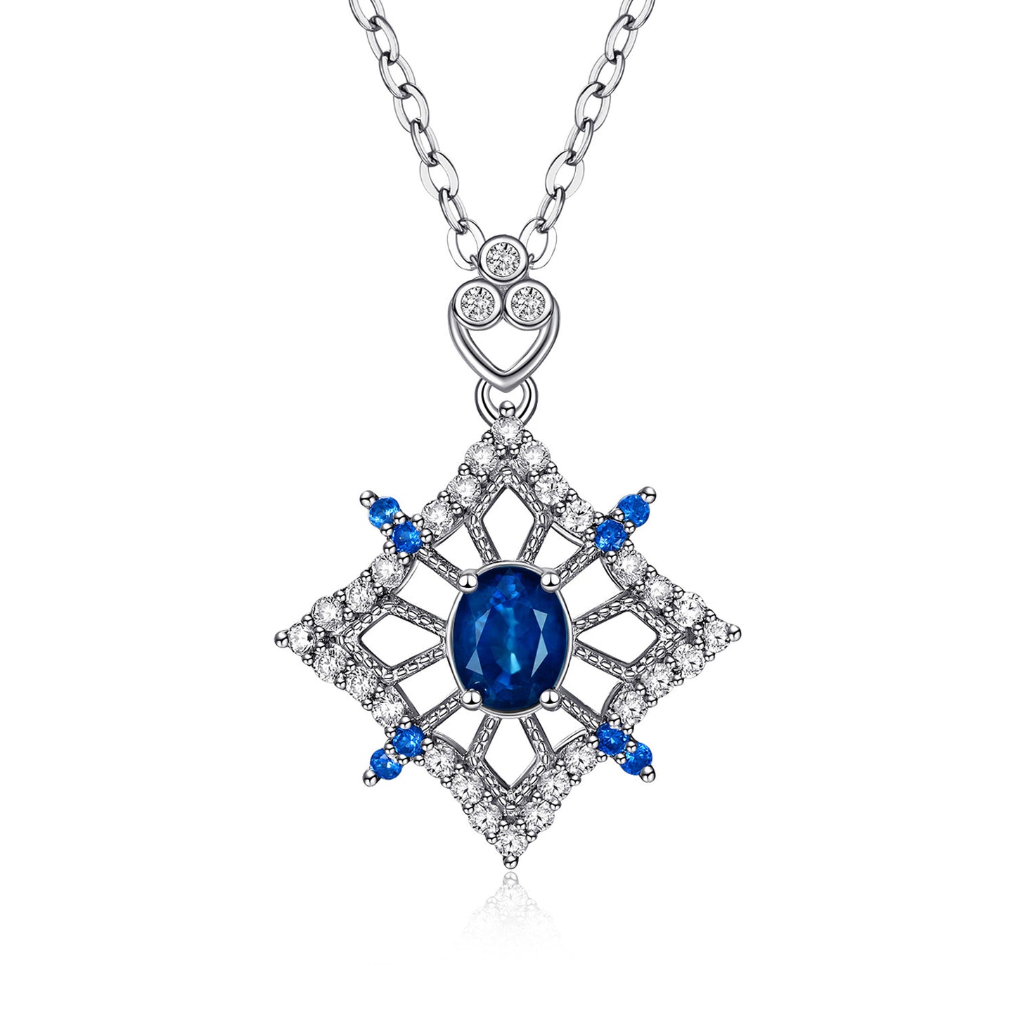 S925 Silver Set Natural Sapphire Necklace Female Hollow Diamond Pendant