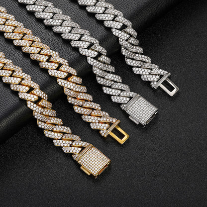 Hip Hop 15mm Double Row Zircon Diamond Cuban Chain Real Gold Plating