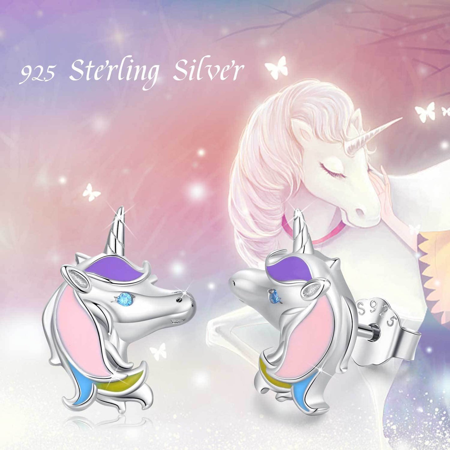 Pendientes de unicornio en plata de ley 925, bonitos y pequeños pendientes de unicornio para mujer