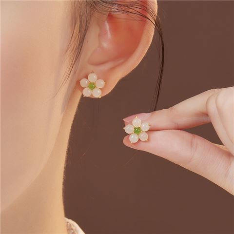 Natural Hetian Jade 925 Sterling Silver Flower Ear Studs