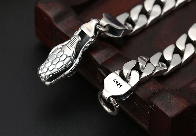 Pulsera de plata de ley con adorno de cadena para la muñeca, moderna pulsera de plata tailandesa con hebilla de cabeza de serpiente estilo hipster para hombre