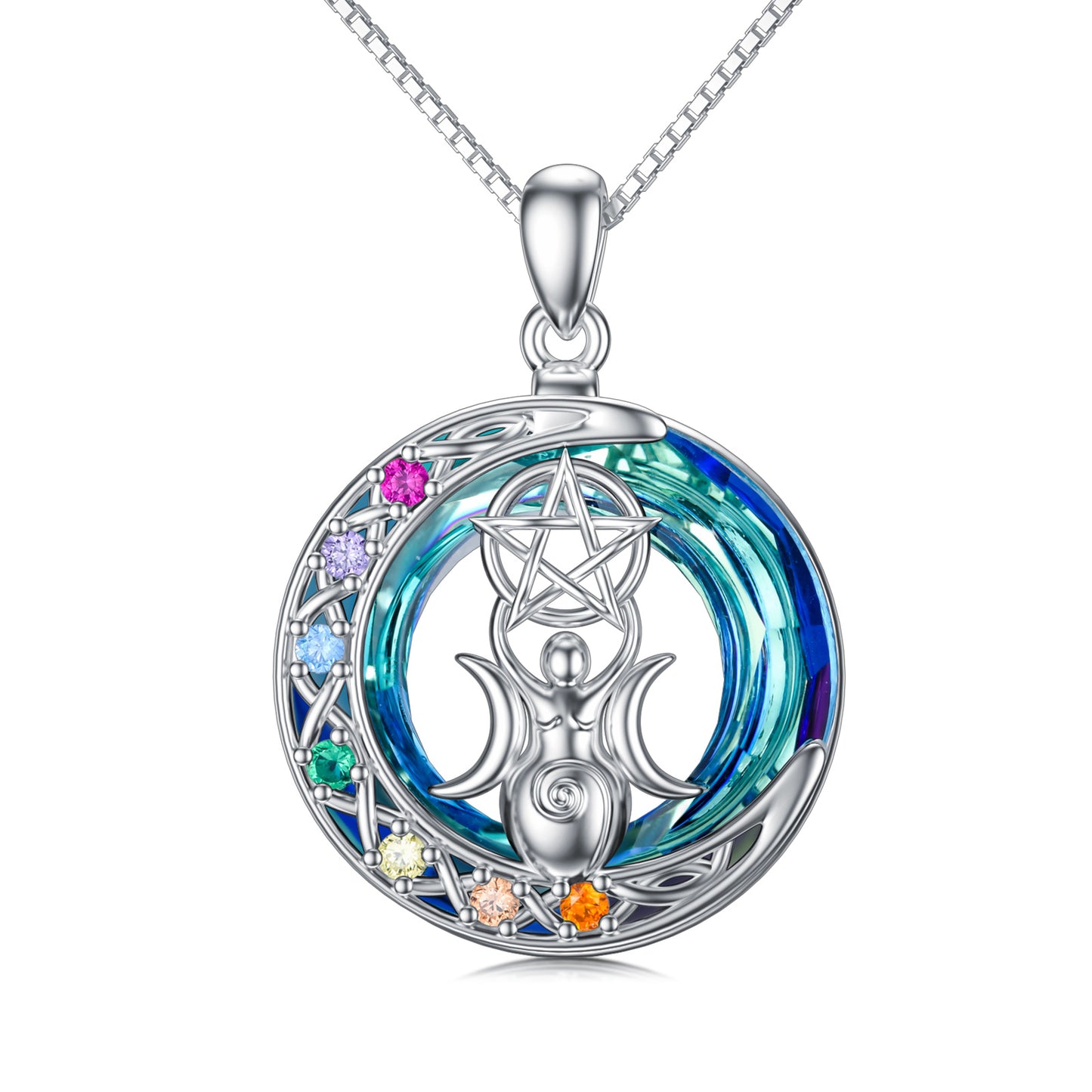 Collier en cristal Chakra Triple Moon Goddess en argent sterling plaqué or blanc