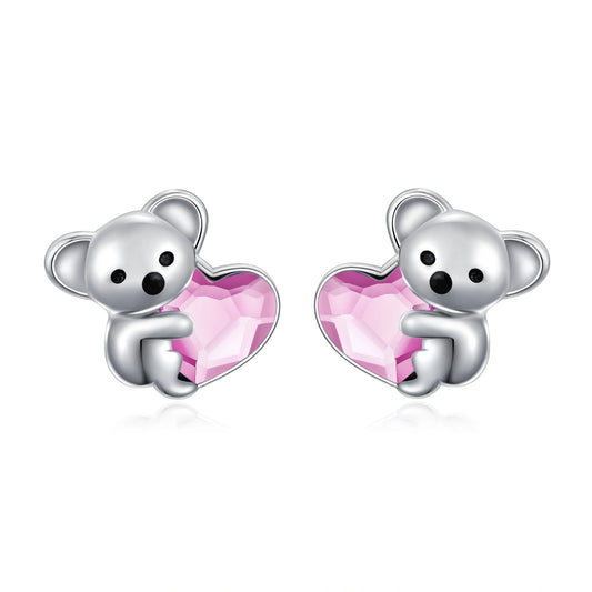 Boucles d'oreilles en argent sterling 925 avec motif de koala et animal mignon hypoallergénique en forme de cœur et de cristal