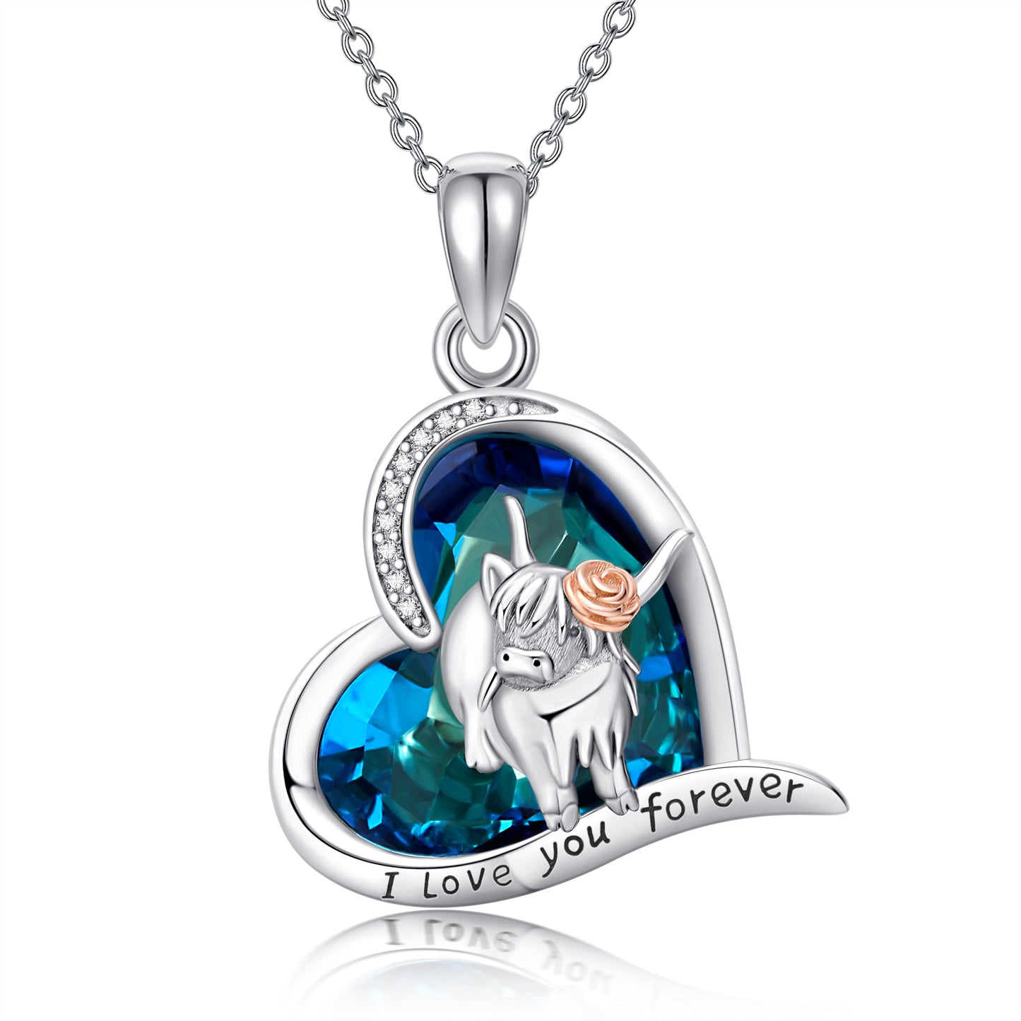 Collar con colgante de vaca en forma de corazón de cristal azul de Highland Cow en plata de ley 925