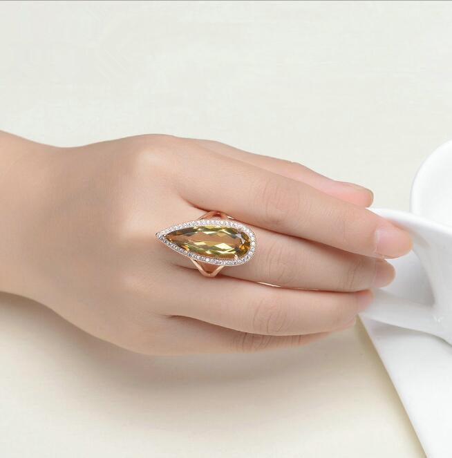 Natural citrine stone luxury waterdrop 925 sterling silver ring fine jewelry for women rose