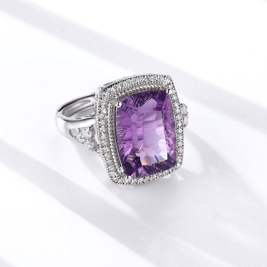 S925 Silver Set Pillow Shaped Millennium Cut Natural Amethyst Ring