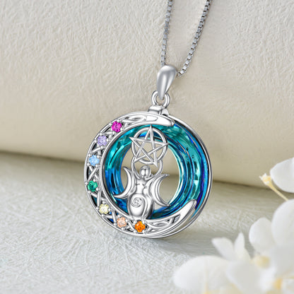 Collier en cristal Chakra Triple Moon Goddess en argent sterling plaqué or blanc