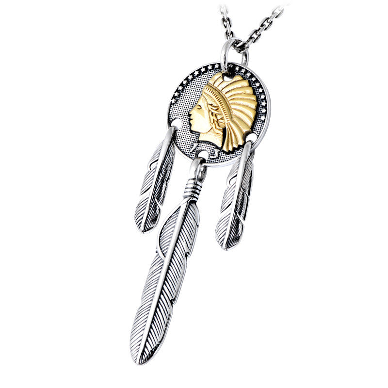 Sterling Silver Vintage Thai Silver Fashion Indian Feather Trendy Men's Portrait Pendant