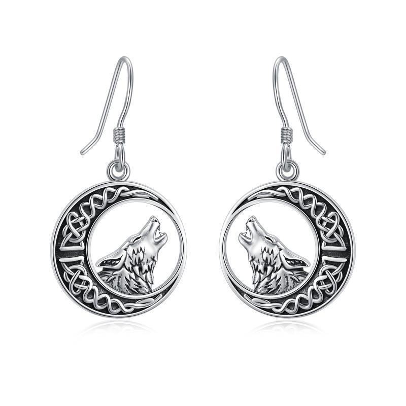 Wolf Celtic Moon Dangle Drop Earrings in Sterling Silver