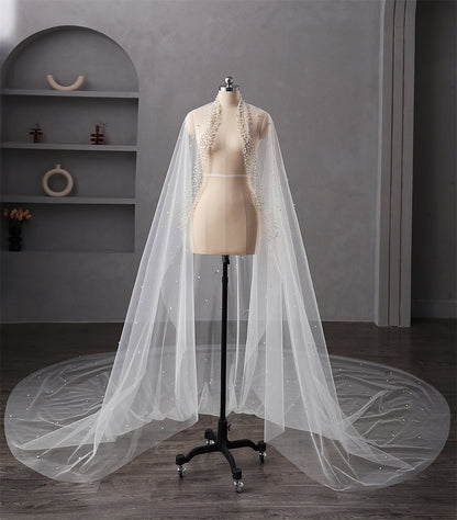 Pearl Wedding Veil 1 Layer Long Bridal Cathedral Veil