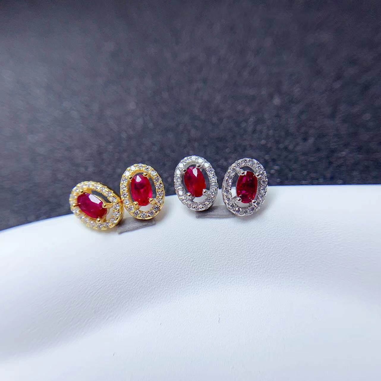 Colored Gems Jewelry 925 Silver Inlaid Natural Pigeon Blood Red Ruby Stud Earrings