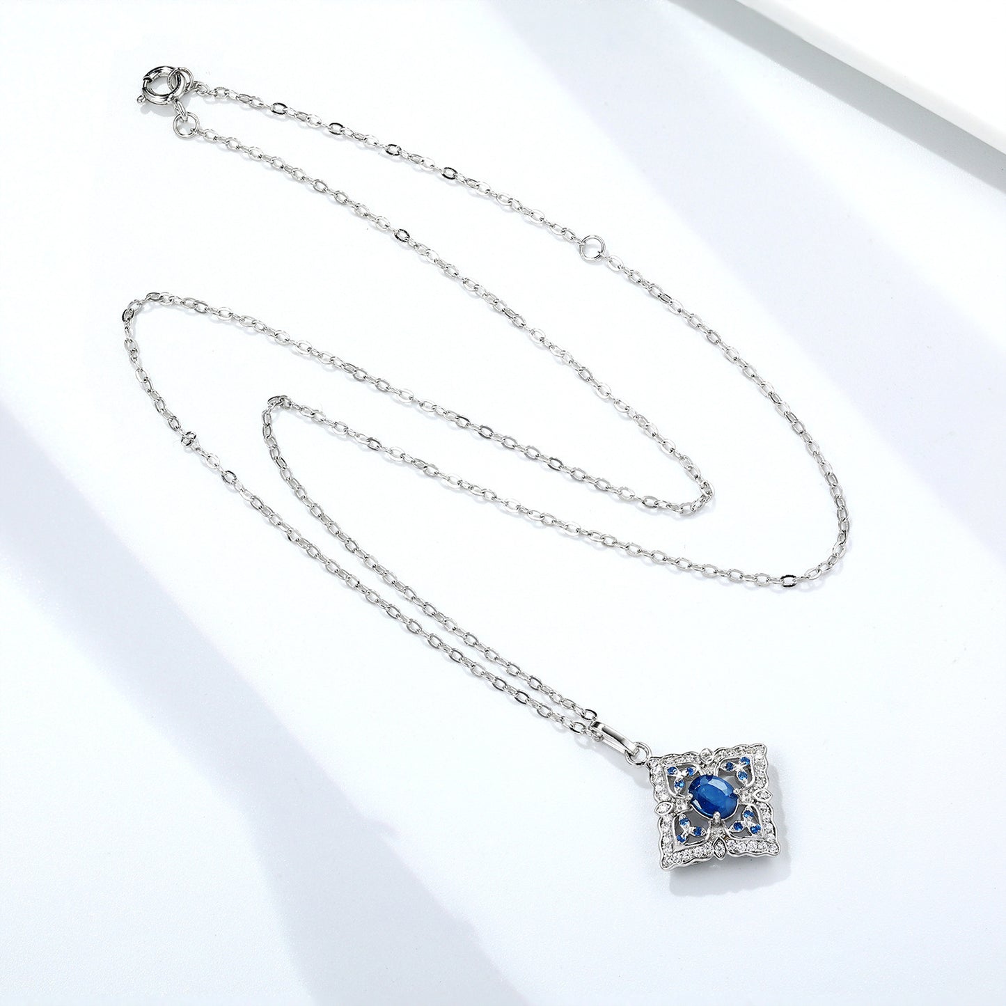 S925 Silver Inlaid Natural Sapphire Necklace High Level Pendant Female Simple Retro Hollow Geometric Diamond Necklace