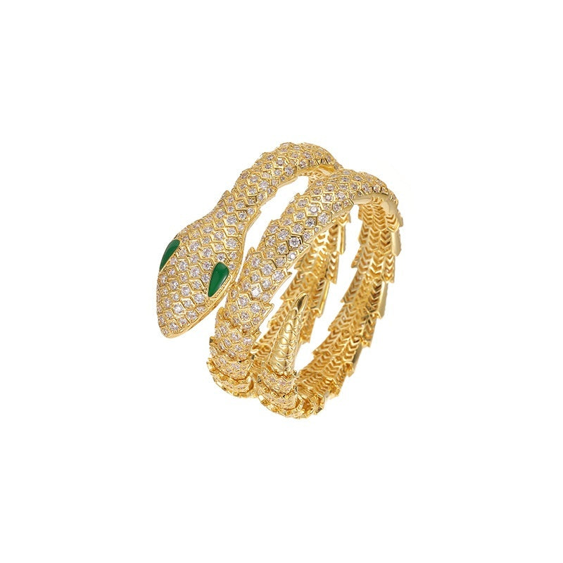 Bracelet serpent aux yeux verts vintage en platine plaqué zircon et diamants