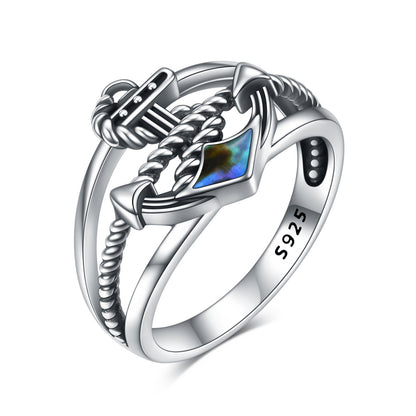 Bague en argent sterling avec ancre bleue nautique