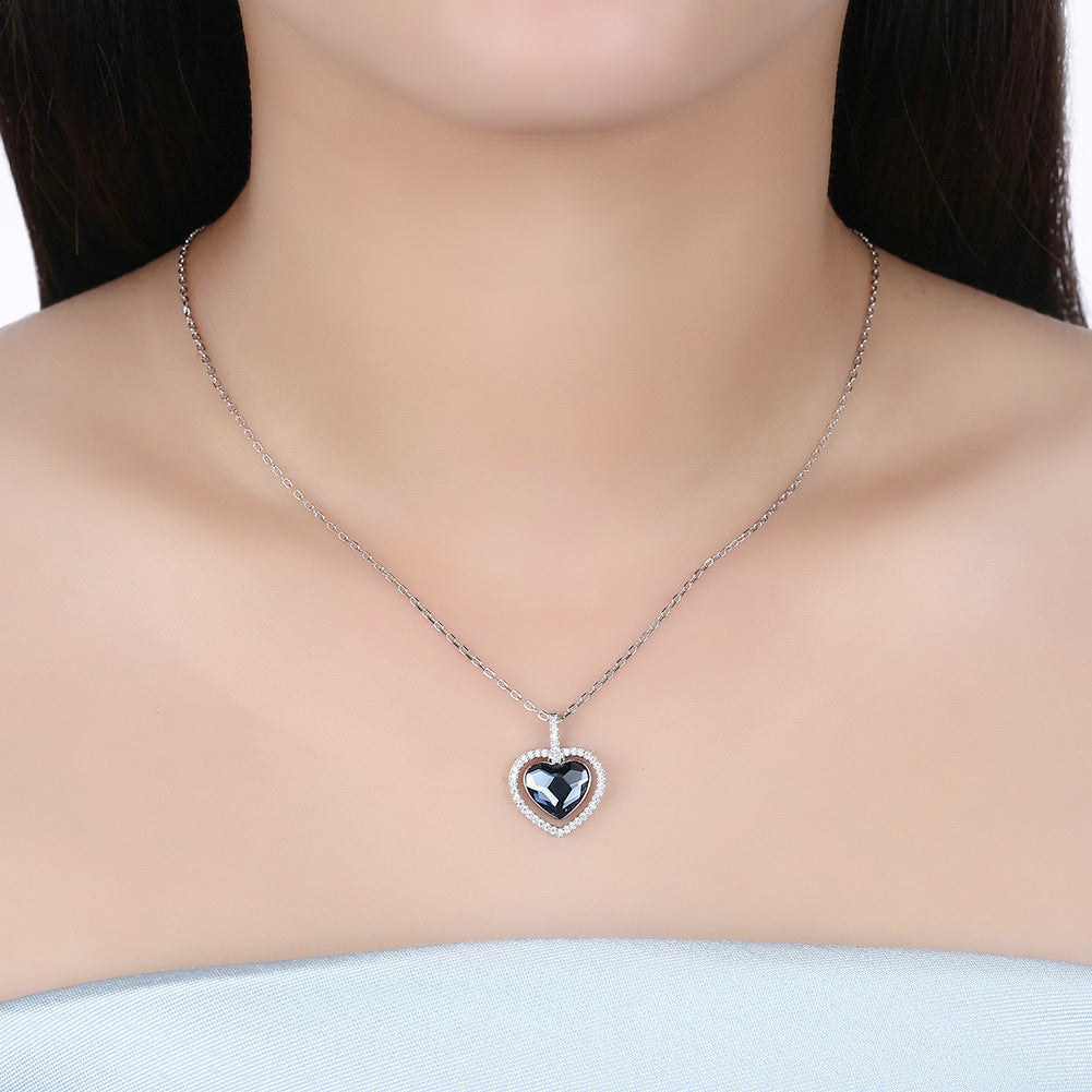 Collier en cristal pour femme en argent sterling S925 avec diamant et cœur