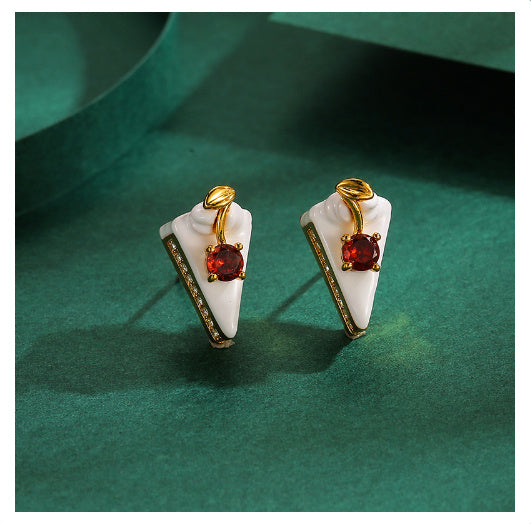 Enamel Glaze Diamond Cherry White Triangle Cake 925 Silver Stud Earrings