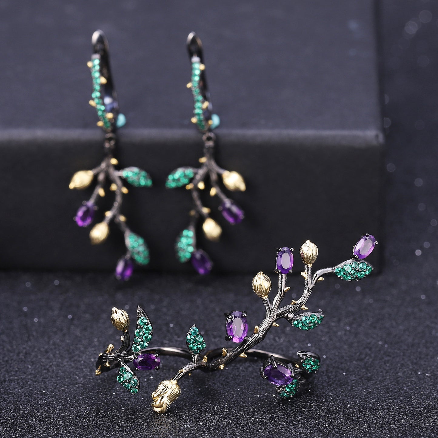 Retro Natural Style Design S925 Silver Natural Colored Gems Earrings