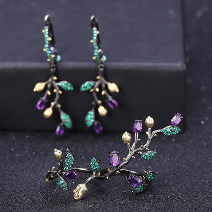 Retro Natural Style Design S925 Silver Natural Colored Gems Earrings