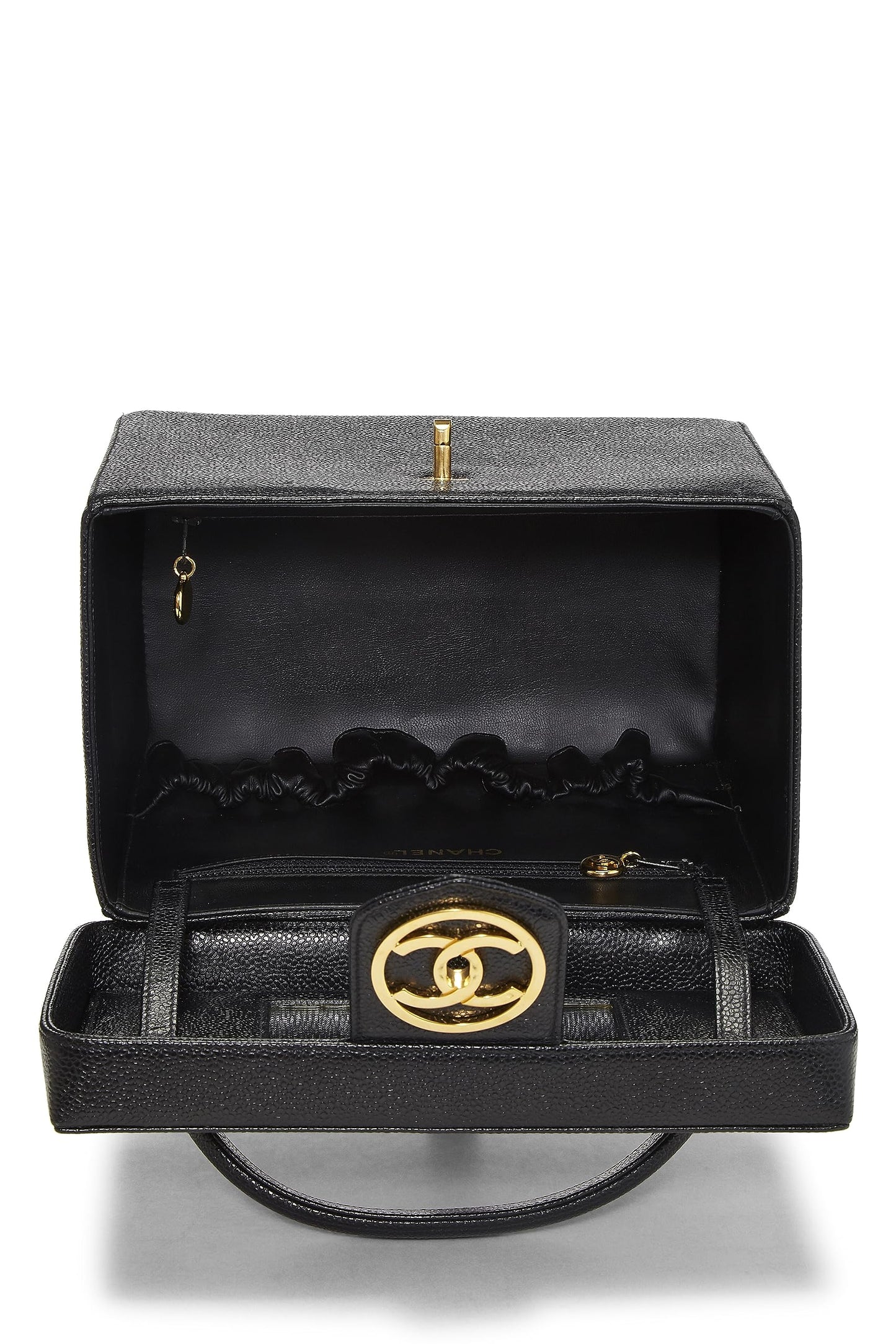 Chanel, trousse de toilette Black Caviar Circle 'CC' d'occasion, grande taille, noire