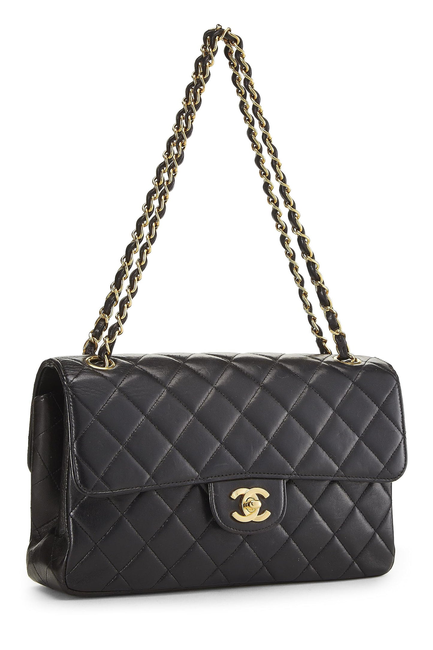 Chanel, Solapa clásica de doble cara acolchada de piel de cordero negra Pre-Loved Mediana, Negro