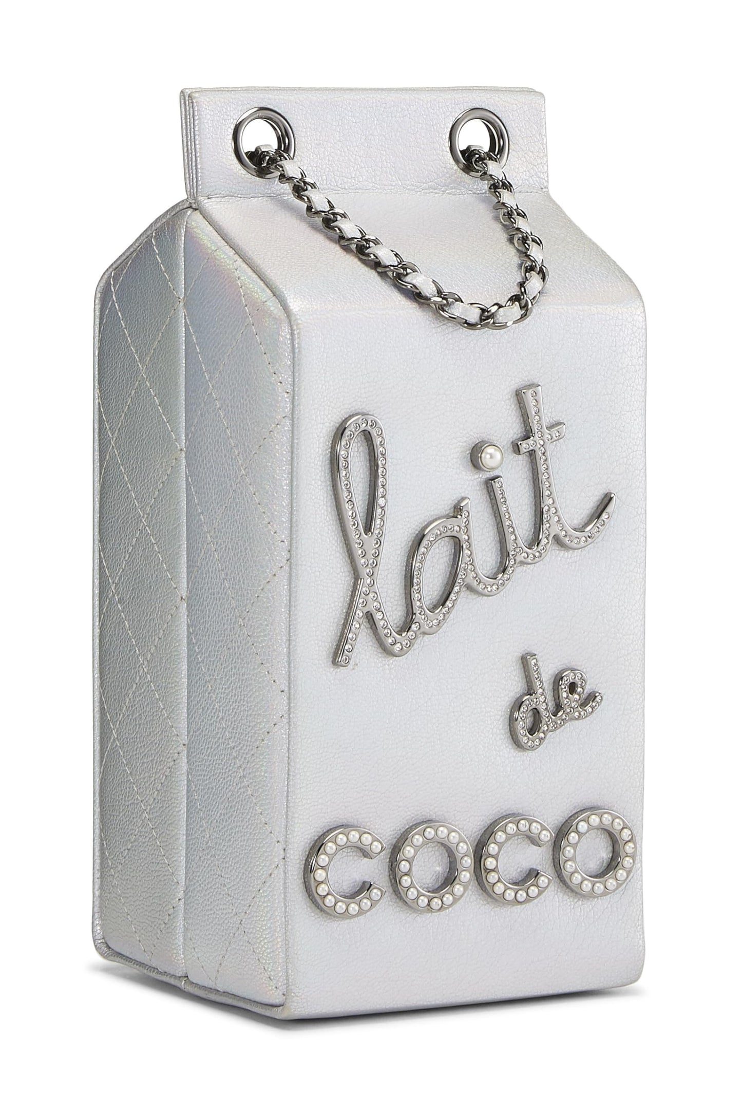 Chanel, sac en carton de lait de coco en cuir métallisé argenté d'occasion, argent