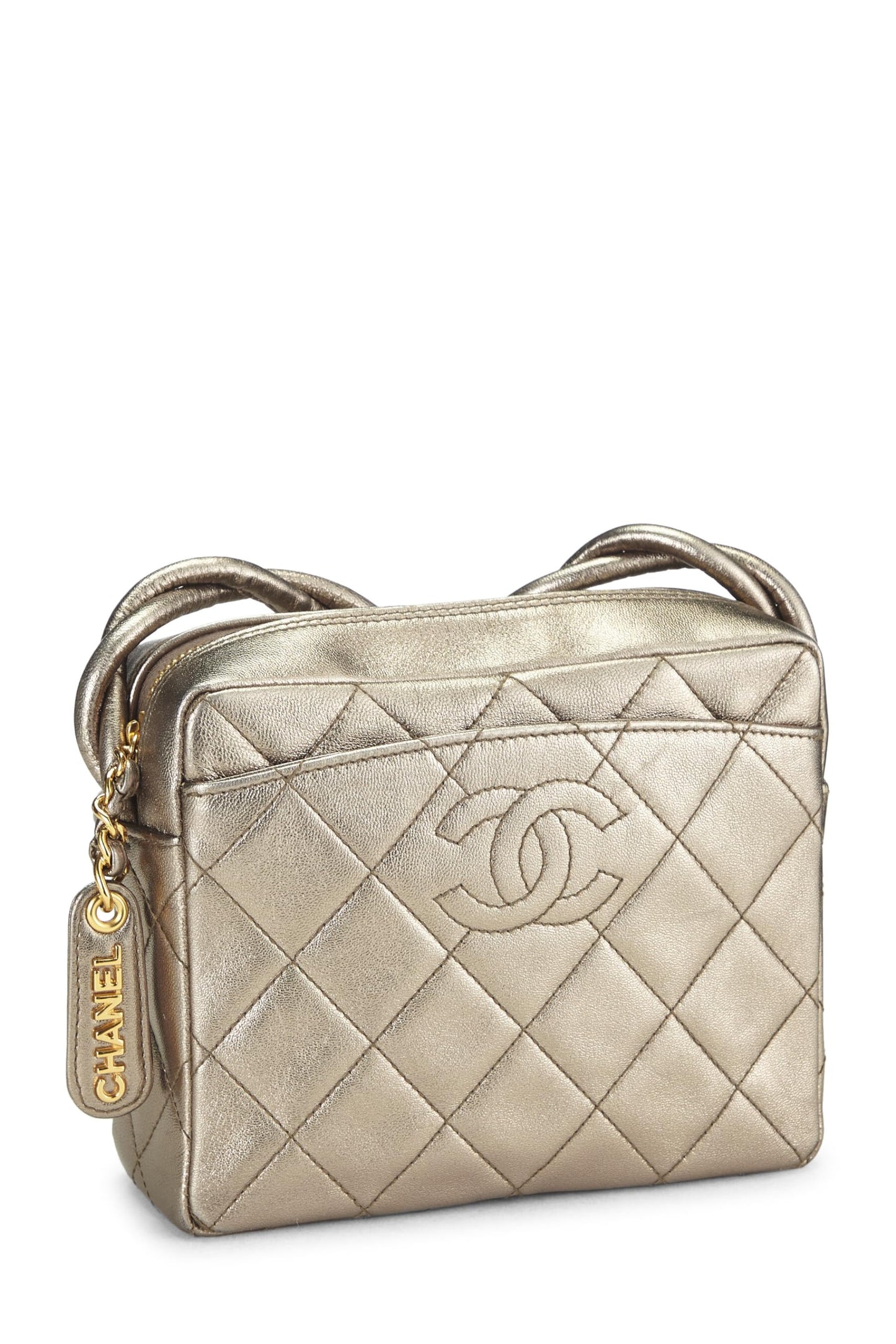 Chanel, Mini sac à bandoulière en cuir d'agneau matelassé métallisé doré d'occasion, doré