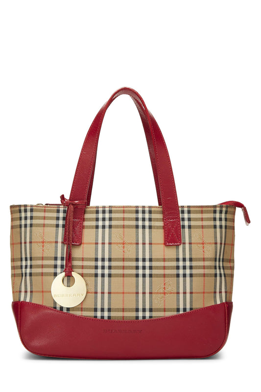 Burberry, sac à main Haymarket en toile rouge d'occasion, petit modèle, rouge