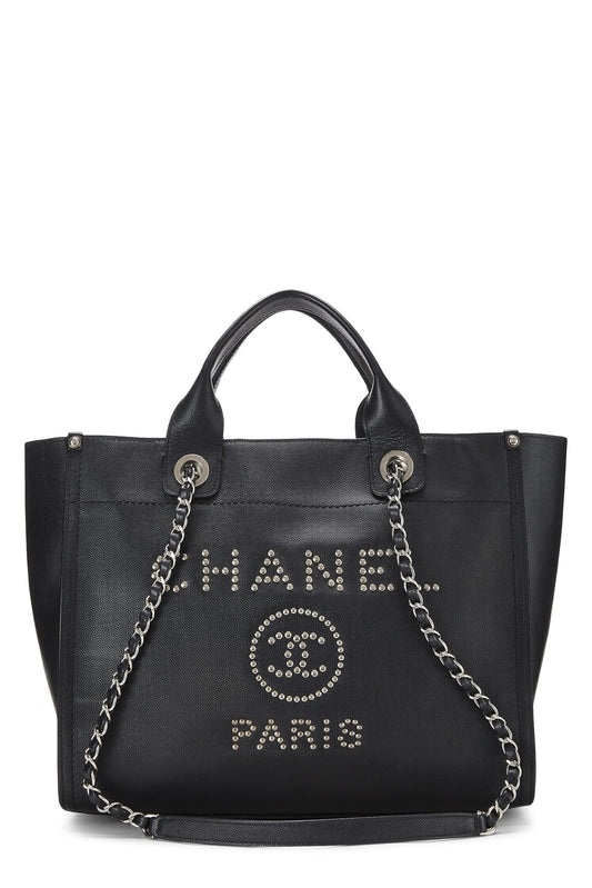 Chanel, Bolso shopper pequeño Deauville con tachuelas de caviar negro Pre-Loved, Negro