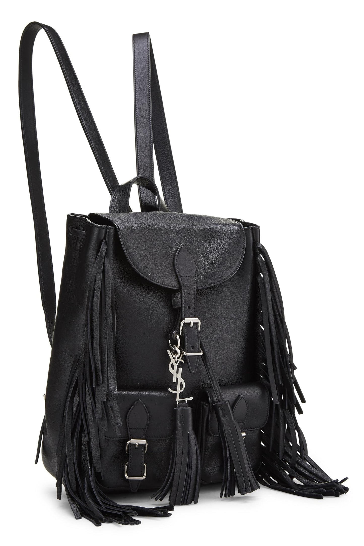 Yves Saint Laurent, Pre-Loved Black Calfskin Fringe Festival Backpack Small, Black