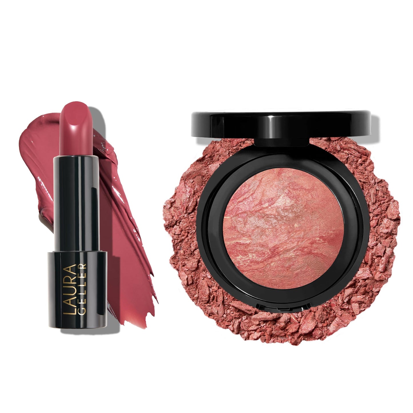 LAURA GELLER NEW YORK Baked Blush-n-Brighten Blush, Starfish Island + Modern Classic Cream Lipstick, Real Rosy